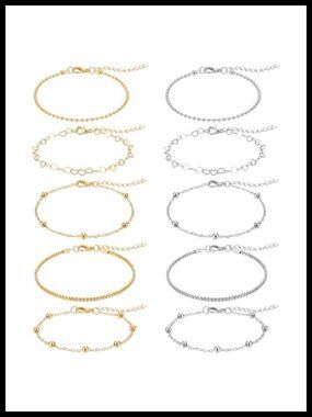 10 Pc Anklet Set Adjustable Link Chain Ankle Bracelets for Women